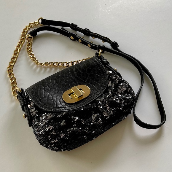 BADGLY MISCHKA Crossbody Evening Bag Black/Silver Sequins Gold Tone Chain - Picture 9 of 10